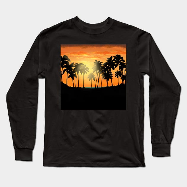 Orange sky blue water sunset at the beach Long Sleeve T-Shirt by gldomenech